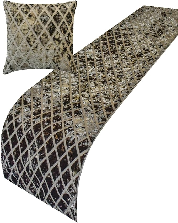 The HomeCentric King/Queen/Twin Grey Decorative Bed Runner 74"x18" With Two Pillow Covers - Diamond Pattern, Velvet Cut Scarf on Fabric - Grey Velvet Verve