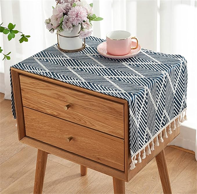 Simple Bedside Table Tassel Cover Cloth, Nightstand Tablecloth Cover Towel, Suitable for Bedside Table TV Microwave Washing Machine Refrigerator Dust Cover (15.7 * 35.4 inches,Geometric Blue)