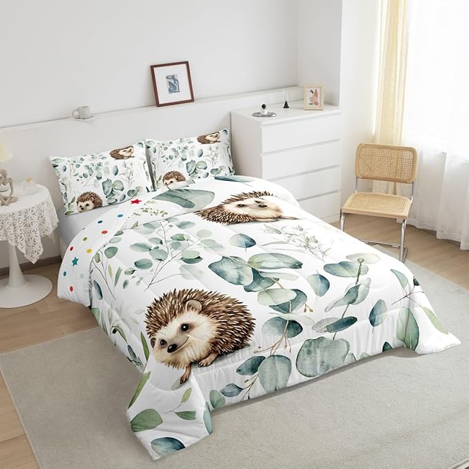 Erosebridal Cute Hedgehog Twin Comforter Set for Kids Child Green Eucalyptus Bedding Set Twin, Woodland Animal Bedding Comforter Sets Plant Leaves Duvet Set, Cartoon Wildlife Quilted Comforter