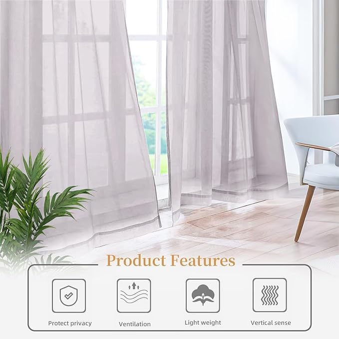Sheer Curtains 54 Inches Long 2 Panels, Rod Pocket Short Curtain for Kitchen, Bedroom, Cafe Window(Light Grey 38" W x 54" L)