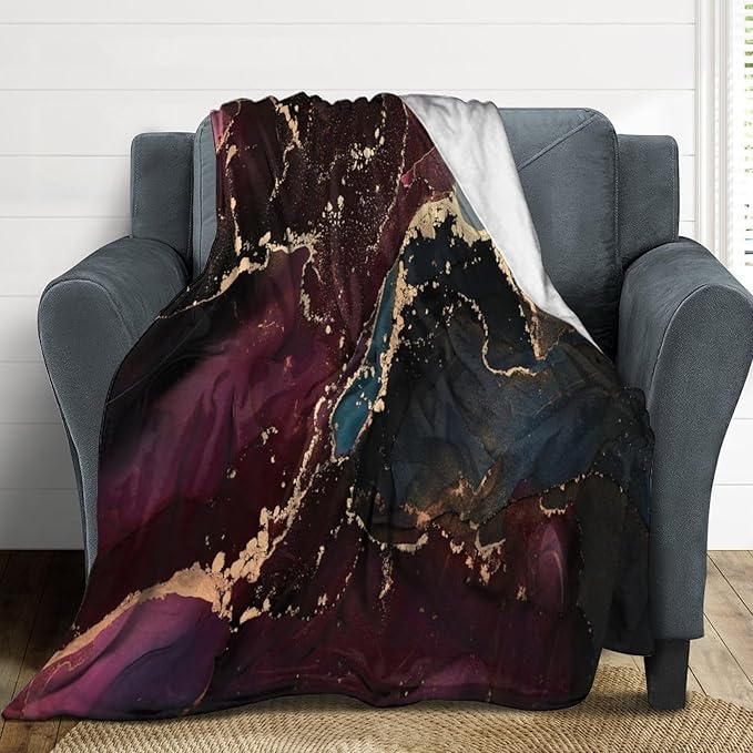 Modern Marble Blanket, Abstract Luxury Baroque Golden Purple Blue Stone Veins Pattern Soft Warm Cozy Plush Flannel Covers for Livingroom Bedroom Couch Chair Camping Travel Home Decor Tapestry 50x60in