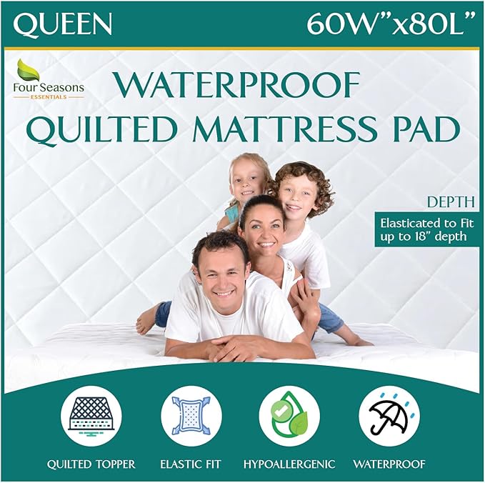 Queen Size Quilted Mattress Pad - Fitted Waterproof Mattress Protector, Pillow Top Mattress Topper, Premium Quality Hypoallergenic Mattress Cover
