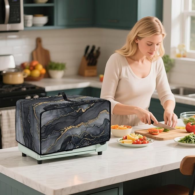 Convection Toaster Oven Cover Protective Small Kitchen Appliance Dust Cover with Accessory Pockets for Kitchen Home Indoor Decorations, L, Marble Black Gold