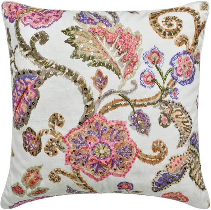 The HomeCentric King/Queen/Twin White & Pink Designer Queen 74"x18" Bed Runner with Pillow Cover, Floral, Printed, Sequins, Beaded, Embroidery & Handmade Bed Scarf on Cotton Fabric - Aster