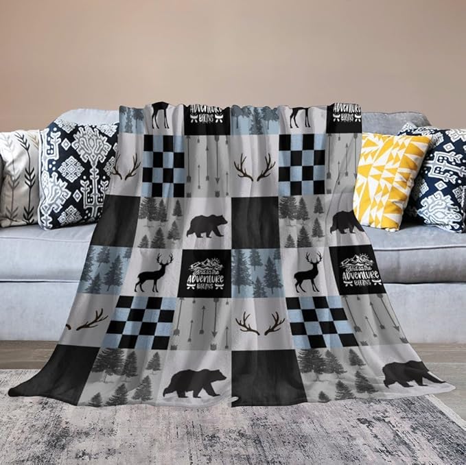 Bear Cabin Plaid Blanket, Rustic Retro Bear Deer Patchwork Gray Blue Farmhouse Throw Blanket for Couch Bed Living Room, 60"x80"