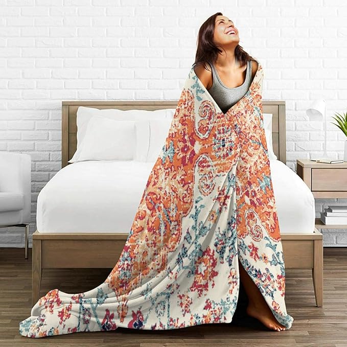 HGOD DESIGNS Carpet Pattern Throw Blanket Boho Style Ethnic Design Orange Blue Soft Blankets and Throws 40x50 Inch Caring for Women Men (100x130cm)