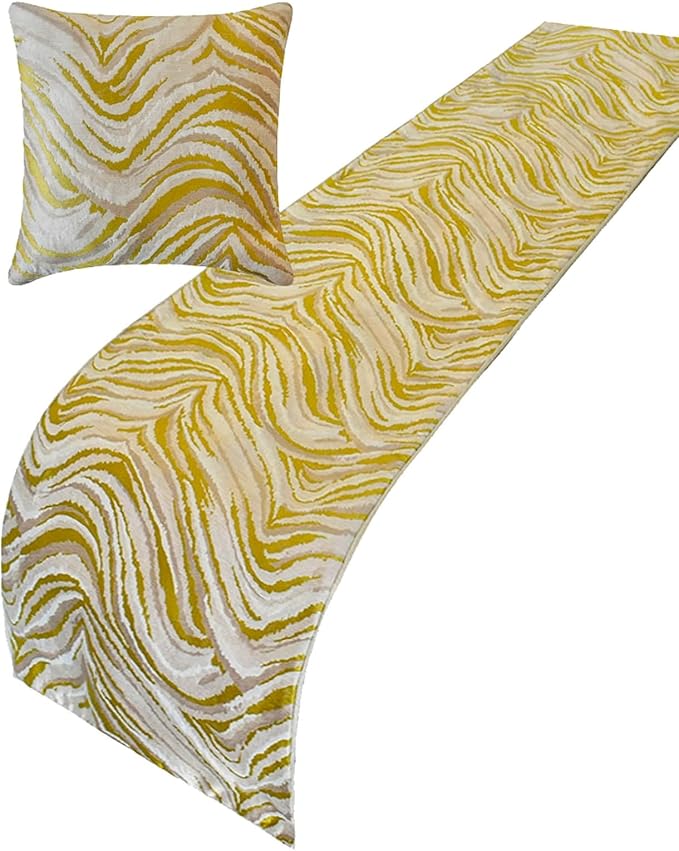 The HomeCentric King/Queen/Twin Yellow & Grey Decorative Bed Runner Full 68"x18" Bed Runner with One Pillow Cover, Abstract Wave Pattern Bed Scarf on Jacquard Fabric - Yellow Whirls