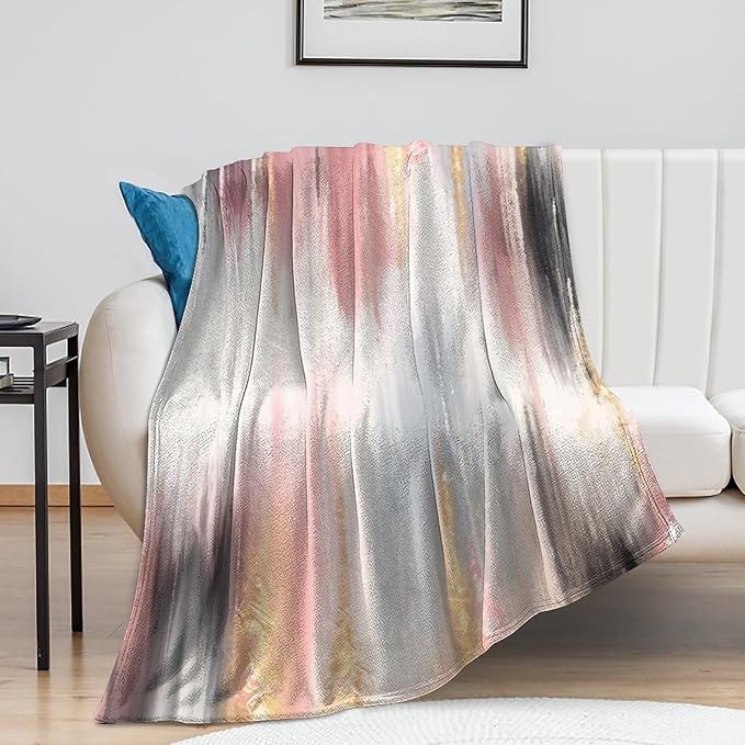 Fashion Gradient Blanket, Modern Art Baroque Gold Grey Pink Painting Strokes Pattern Soft Warm Cozy Plush Flannel Covers for Livingroom Bedroom Couch Chair Camping Travel Home Decor Tapestry 40x50in