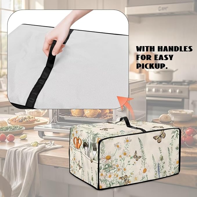 Butterfly Daisy Floral Print Microwave Oven Dust Cover Dust-Proof Heavy Duty Microwave Oven Cover with Storage Pockets Waterproof Decor Accessories for Kitchen, M