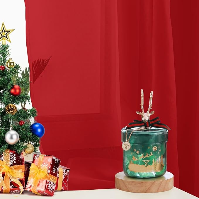 Sheer Curtains 54 Inches Long 2 Panels, Rod Pocket Short Curtain for Kitchen, Bedroom, Cafe Window(Christmas Red 38" W x 54" L)