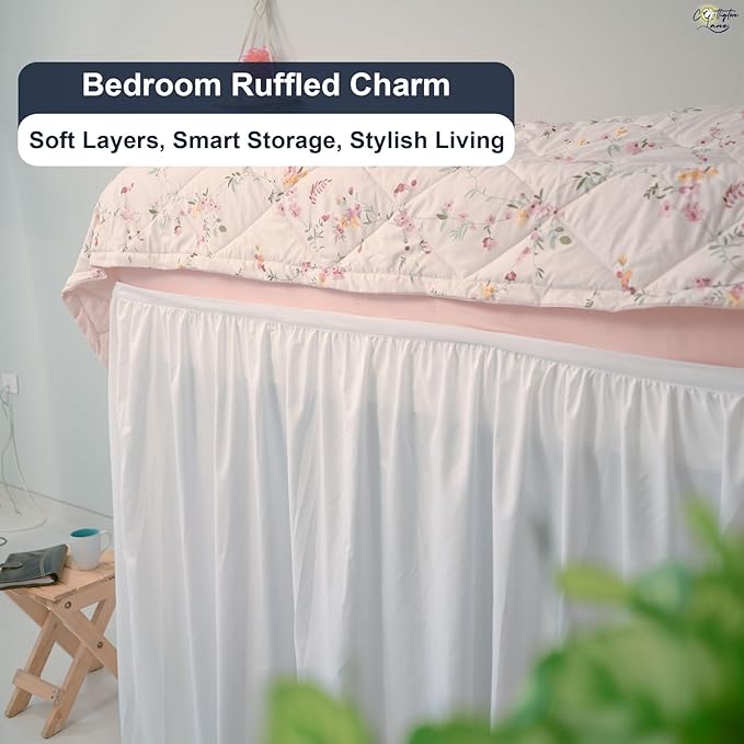 Cottington Lane Extra Long Ruffled College Dorm Bed Skirt 30 Inch Drop, Premium Hotel Collection Brushed Mircofiber Twin XL Dust Ruffle Raised Dorm Room Essentials and Decor, White Solid