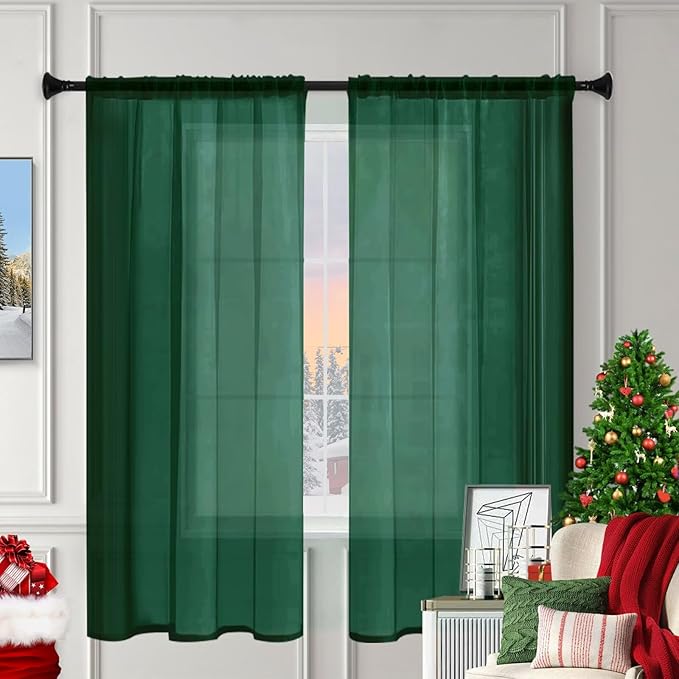 Sheer Curtains 72 Inches Long 2 Panels, Rod Pocket Short Curtain for Kitchen, Bedroom, Cafe Window(Foliage Green 38" W x 72" L)