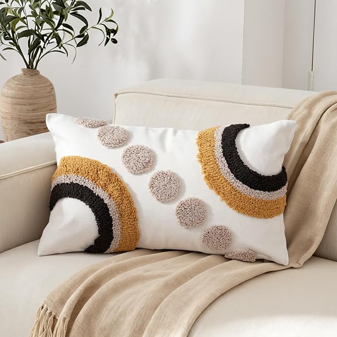 Boho Abstract Tufted Lumbar Pillow Cover 12x 20, Geometric Rainbow Cottagecore Decor Linen Pillow Cushion Case, Neutral Accent Farmhouse Home Decor for Outdoor Couch Bedroom Car Ginger