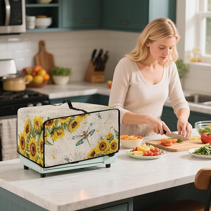 Dragonfly Sunflower Print Microwave Oven Cover Dust-Proof Microwave Toaster Oven Cover with Storage Bags Universal Washable Decor Accessories for Kitchen, S
