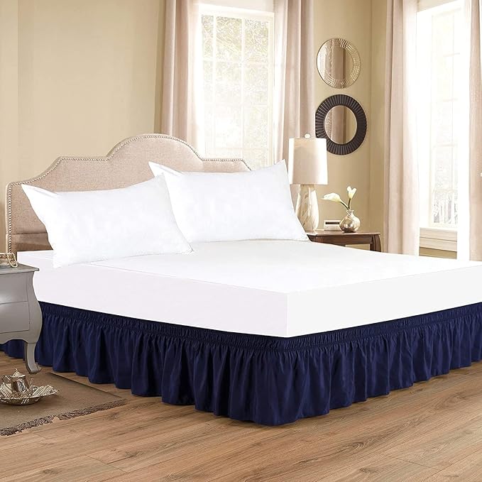 Navy Blue Wrap Around Bed Skirts with 16" Drop - Three Sides Fabric Adjustable Elastic Dust Ruffle Silky Soft -600 TC Stretchy Bed Skirt-Short Queen(60"X 75") Navy Blue