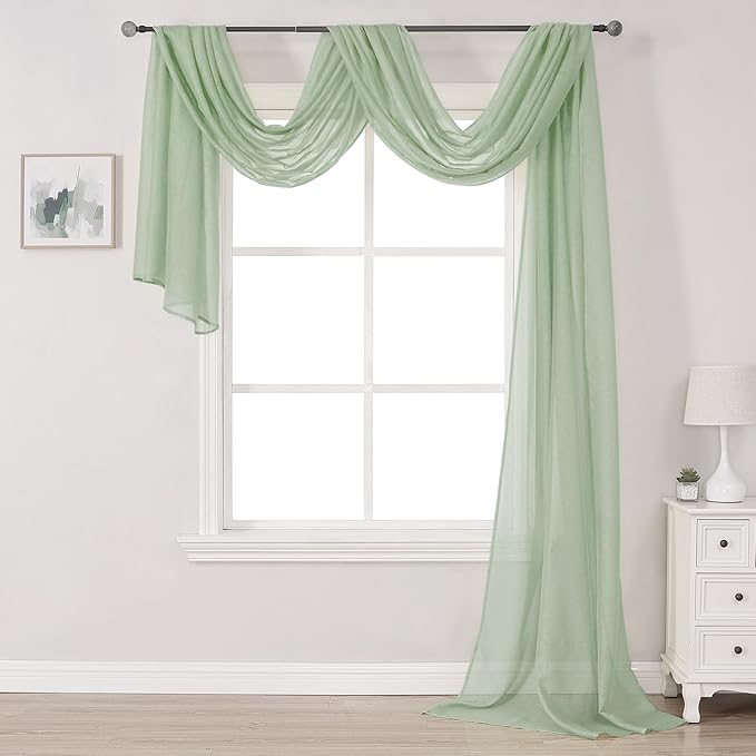 DONREN Sage Green Sheer Window Scarf Valance - Luxury Soft Semi Sheer Scarf for Window Wedding Arch Curtains (1 Panel, 34 x 216 Inch Length)