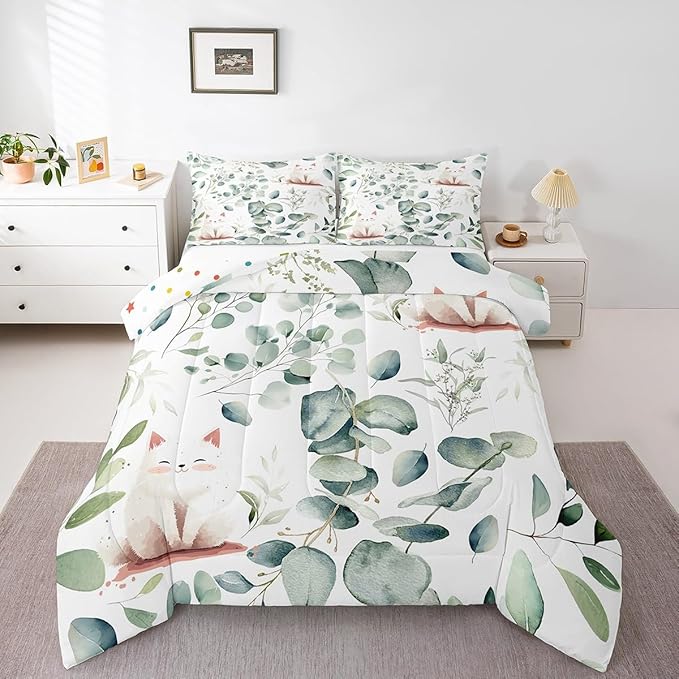 Erosebridal Kawaii Cat Queen Size Comforter Set for Boys Girls Cartoon Animal Bedding Set, Eucalyptus Leaves Down Comforter Pet Kitten Bed Set, Tropical Botanical Plants Quilted Duvet
