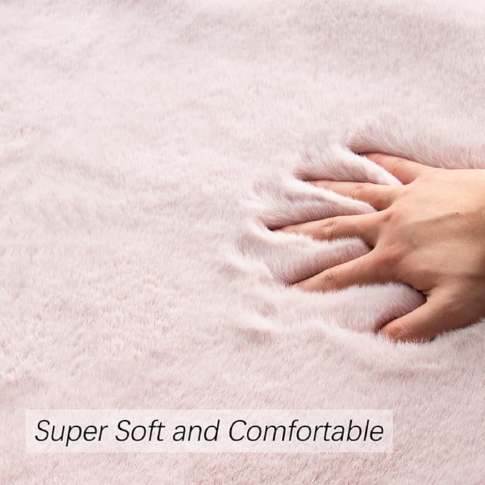 Pink Plush Washable Fluffy Fur Rugs for Living Room Shag Faux Rabbit Fuzzy Fur Area Rugs for Bedroom 2x6 Rug Oblong Nursery Rug