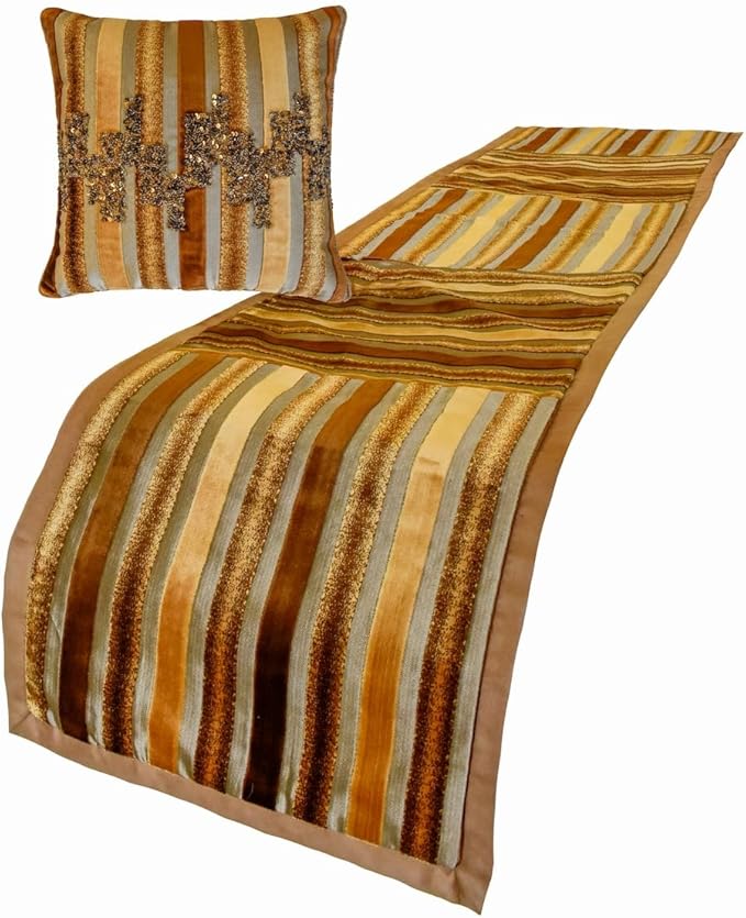 The HomeCentric King/Queen/Twin Gold & Brown Decorative Full 68"x18" Bed Runner with Two Pillow Cover, Striped, Beadwork & Handmade Bed Scarf on Velvet Fabric - Streamlined