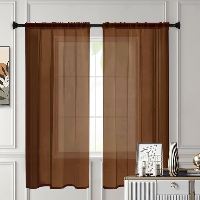 Sheer Curtains 54 Inches Long 2 Panels, Rod Pocket Short Curtain for Kitchen, Bedroom, Cafe Window(Brown 38" W x 54" L)