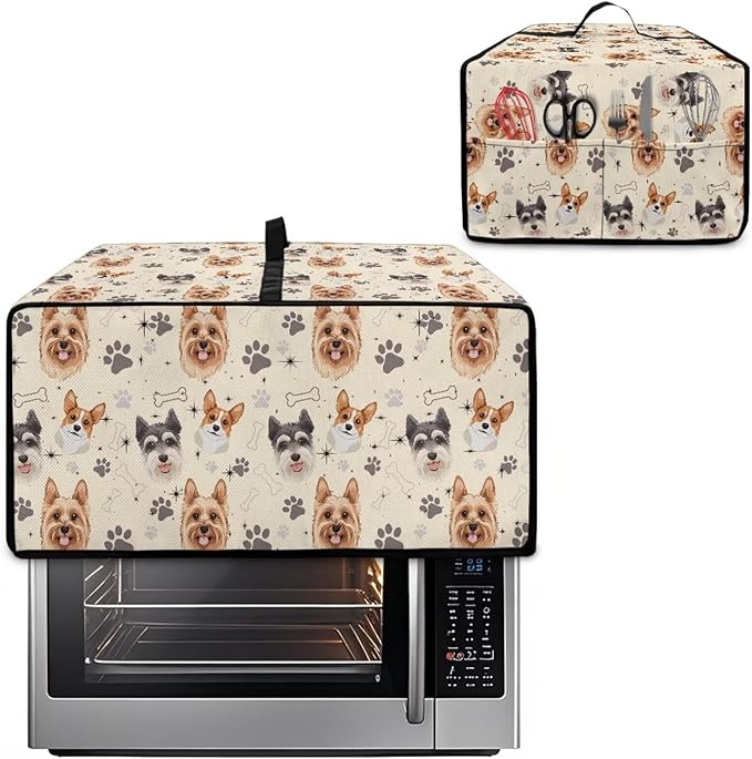 Air Fryer Toaster Oven Dust Cover Washable Fabric Convection Oven Protector with Storage Pockets, S, Yorkshire Terrier Schnauzer Dog Bone Paw Beige Puppy Pattern