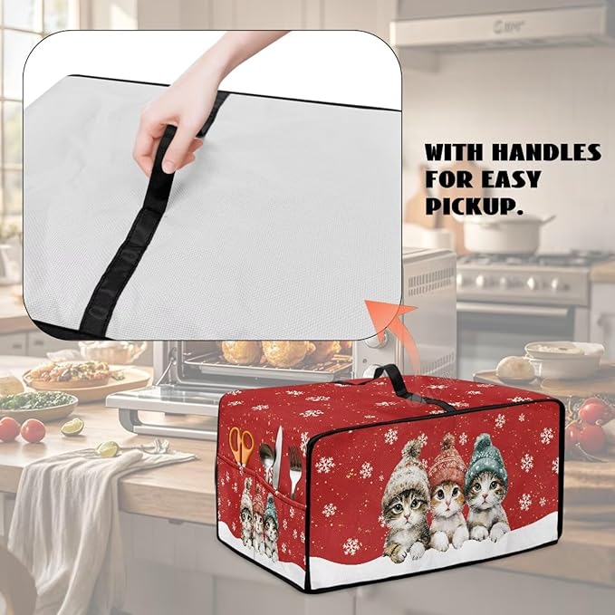 Toaster Oven Cover Dustproof Protective Countertop Convection Oven Cover with Side Pockets for Christmas Holiday Decorations, S, 14.5 x 18.5 x 9 Inches, Cat Snowflake Red