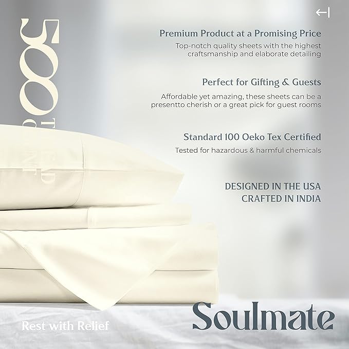 Mayfair Linen 100% Cotton Bed Sheets King Sheet Set - 500 Thread Count Sheets King Size 4 PC Set (Ivory), Soft, Cooling, Hotel-Quality 16" Deep Pocket Sateen Cotton Bedsheet for Hot Sleepers