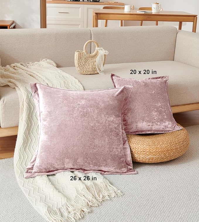 Luxurious Velvet Euro Shams Decorative Throw Pillow Covers 26x26 Set of 2 Solid Square Euro Pillow Shams for Sofa Couch Bedroom, Pink