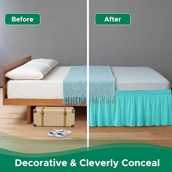 Biscaynebay Wrap Around Bed Skirts for Full & Full XL Beds with Short Drop of 12", Aqua Adjustable Elastic Dust Ruffles Easy Fit Wrinkle Resistant Silky Luxurious Fabric Machine Washable