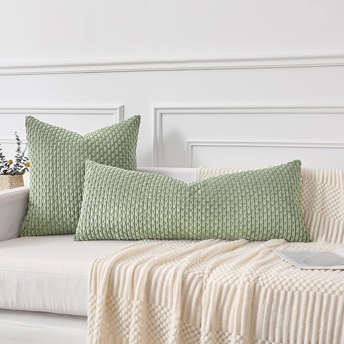 Kevin Textile 14x36 Inch Long Lumbar 1 Pack Boho Decorative Throw Pillow Cover Soft Striped Corduroy Rectangle Cushion Case Farmhouse Solid Color Accent for Living Room Couch Sofa Bed, Sage Green