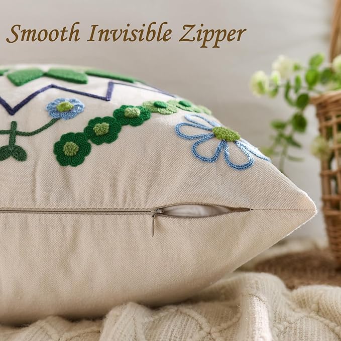 Embroidered Throw Pillow Cover 18x18 Christmas Boho Floral Pattern Pillows Cover Outdoor Decorative Pillowcase,Durable Cozy Textured Cushion Case for Sofa Couch Bed Living Room,Green