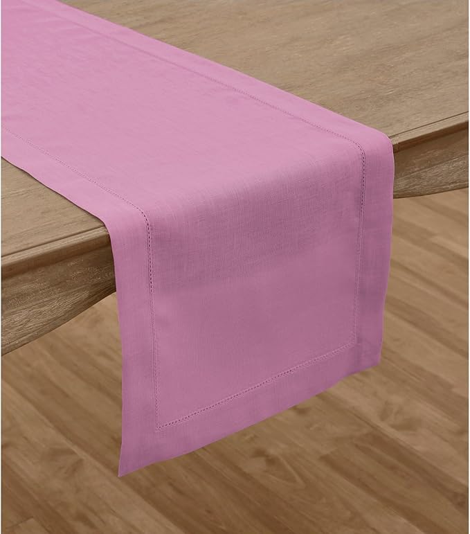 Solino Home Linen Violet Table Runner 90 Inches Long - 100% Pure Linen Hemstitch 14 x 90 Inch Table Runner for Dining - Classic Hemstitch