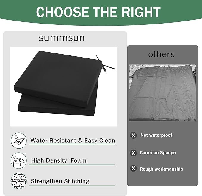 Outdoor Chair Cushions Set of 4: Waterproof & Fade Resistant Deep Seat Cushion for Patio Furniture - 24 x 24 x 3 Inch Chair Pads with Ties and Hidden Zipper - Patio Chair Cushion Replacement, Black
