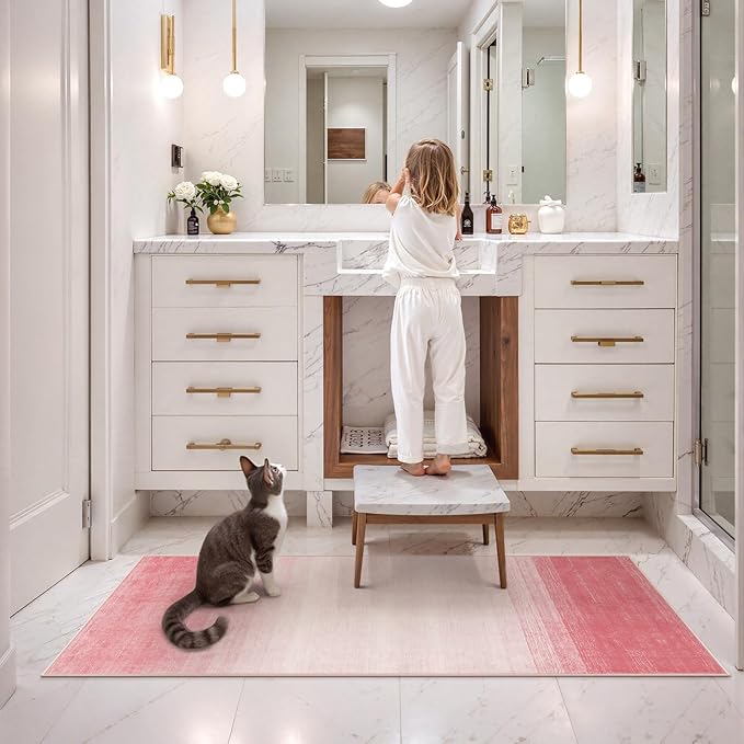 Wonnitar Washable Pink Rug Runners 2x6, Modern Ombre Bathroom Runner Rug, Contemporary Non-Slip Hallway Runner, Gradient Bedroom Girls Carpet Runner for Laundry Room Bath (Pink, 2'x6')