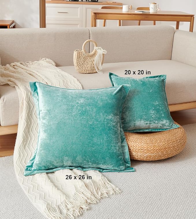 Luxurious Velvet Throw Pillow Covers 20x20 Set of 2 Decorative Pillow Covers Solid Square Cushion Case for Sofa Couch Bedroom Farmhouse, Aqua Green