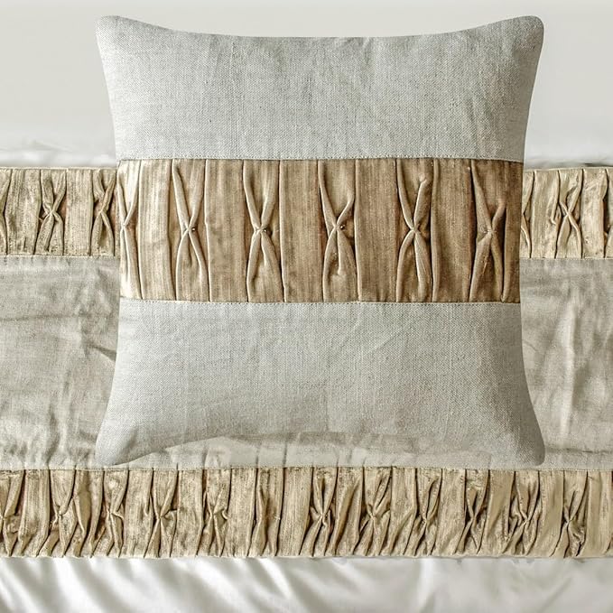 The HomeCentric King/Queen/Twin Brown Luxury CA King 86"x18" Bed Runner with Two Pillow Cover, Patchwork, Pintucks Bed Scarf on Velvet Fabric - Cascade Pleats