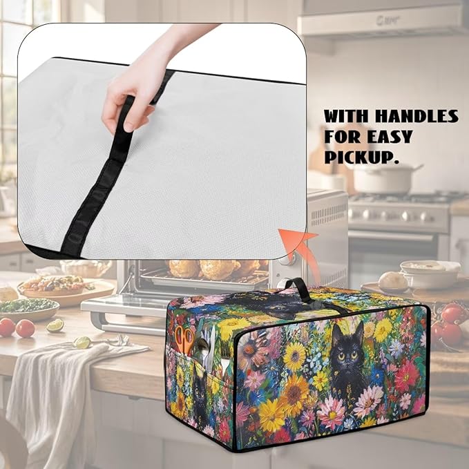 Microwave Oven Dust Cover Heavy Duty Microwave Oven Cover Waterproof Dust-Proof Kitchen Machine Covers Case Protections for Toaster Oven, Oil Painting Cat Sunflower Daisy Print, L