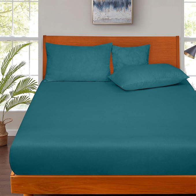 ROYALE LINENS 300 Thread Count 100% Long Staple Combed Cotton Fitted Sheet Twin XL - Super Soft Deep Pocket Bottom Sheet - Fitted Sheets Only - Elastic Sheets (Twin XL, Teal)