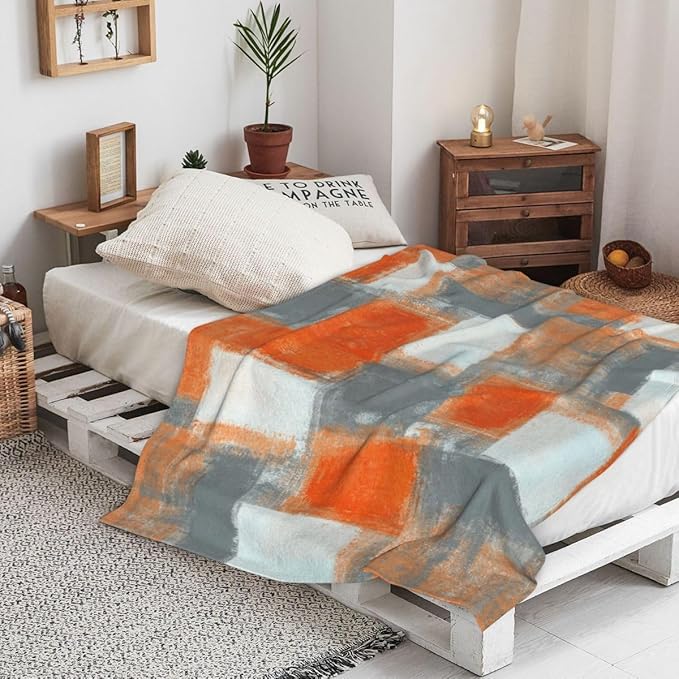 LOKMU Throw Blanket, Orange and Grey White Abstract Art Ultra-Soft Cozy Flannel Blankets, Fuzzy Plush Lightweight Modern Blanket for Couch Sofa Bedding Home Decor, 60" L x 50" W