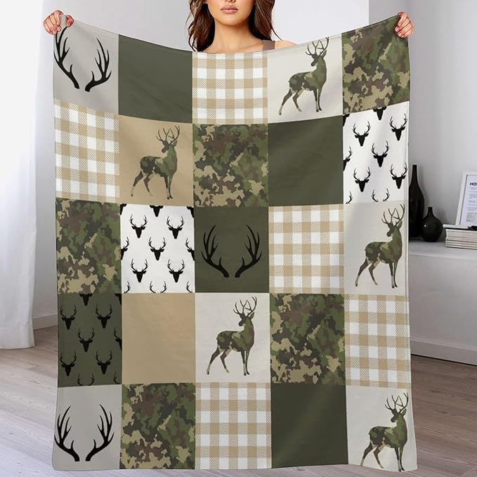 Camouflage Deer Blanket, Vintage Camo Green Beige Plaid Rustic Cabin Wildlife Hunting Blankets for Mens Room Bed Sofa, 40"x50"