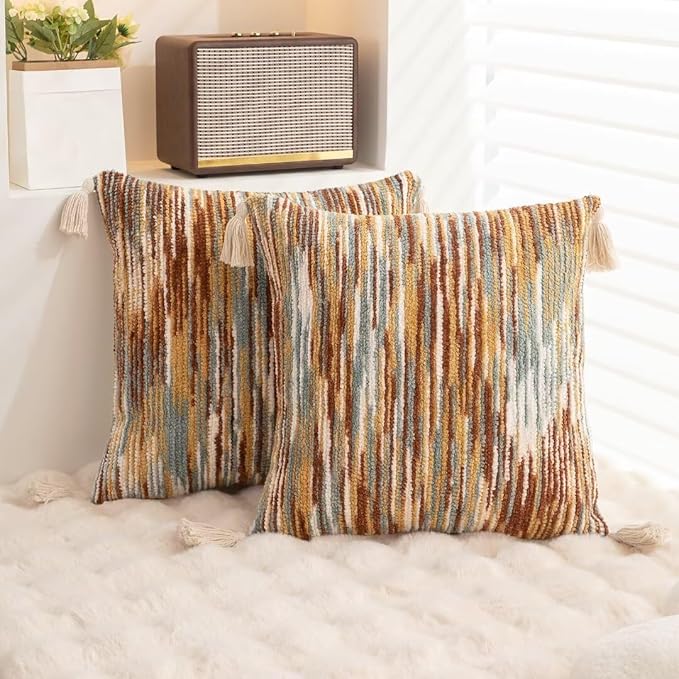 Boho Throw Pillow Covers 18x18 Set of 2 Woven Tufted Farmhouse Pillows Cover with Tassels Textured Striped Cushion Case Neutral Pillow Cases Decorative Pillowcase for Sofa Couch Bed,Rust