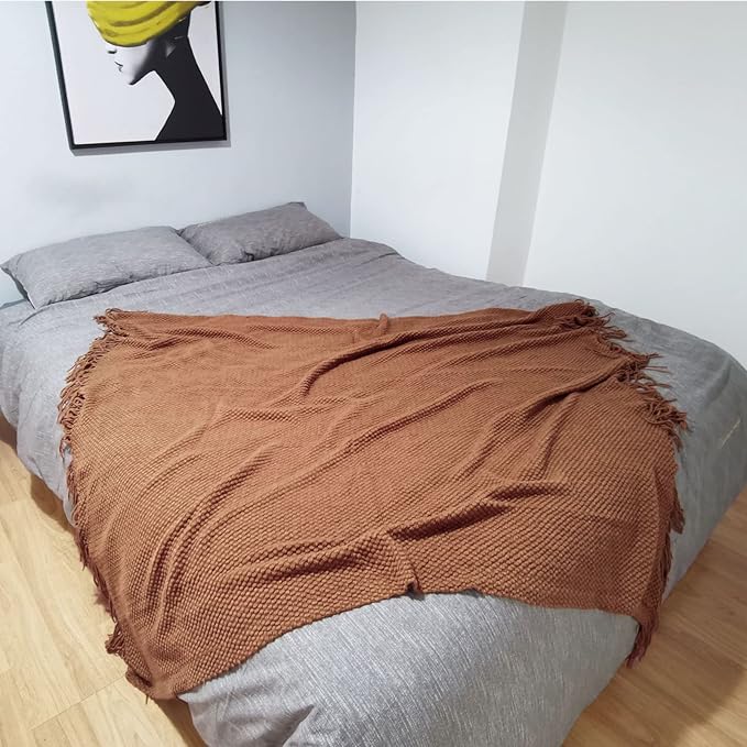 LOMAO Knitted Throw Blanket with Tassels Bubble Textured Lightweight Throws for Couch Cover Home Decor (Caramel, 60x80)