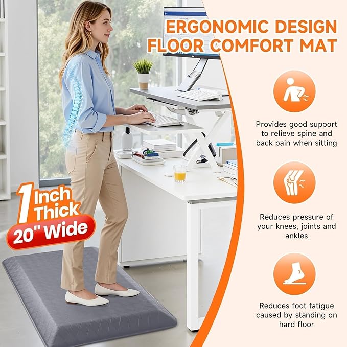 StepRite 1” Thick Kitchen Mats for Floor, Anti Fatigue Kitchen Rugs, Non-Slip,Heavy Duty Waterproof Kitchen Rug, Standing Desk Mat for Home, Kitchen, Office, (Grey)