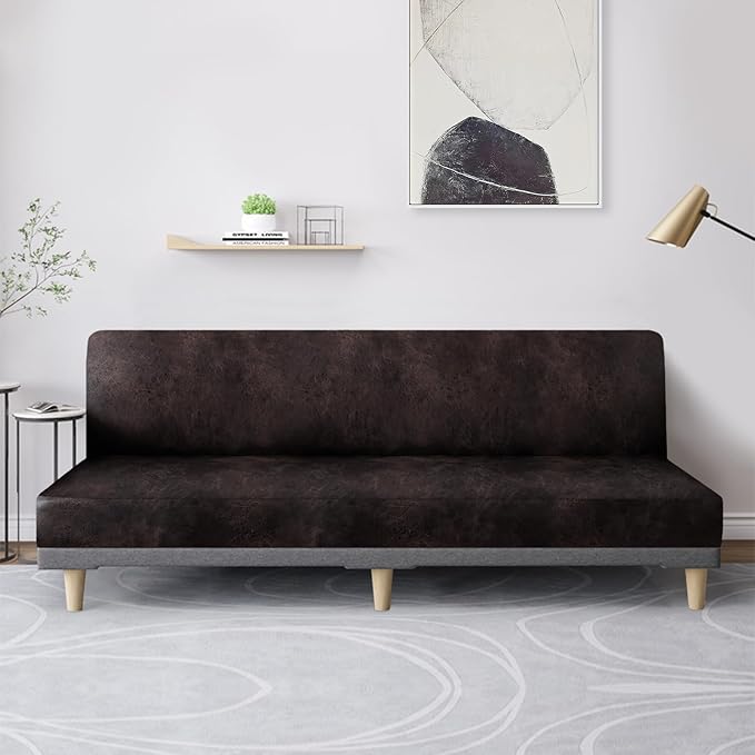 molasofa Leather Like Stretch Futon Slipcover Armless Futon Bed Sofa Cover Furniture Protector with Elastic Bottom, Soft and Washable Futon Cover for Sofa Bed Stay in Place（X Larger，Chocolate）