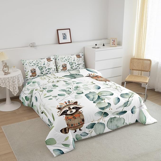 Erosebridal Cute Raccoon Queen Comforter Set for Kids Child Green Eucalyptus Bedding Set Queen, Woodland Animal Bedding Comforter Sets Plant Leaves Duvet Set, Cartoon Wildlife Quilted Comforter