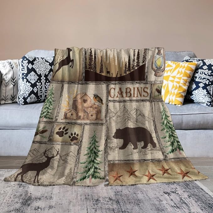 Rustic Cabin Bear Blanket, Lake Country Lodge Bear Deer Forest Farmhouse Camp Print Soft Warm Cozy Lightweight Decorative Blanket for Couch Bed Sofa Travel, 30"x40"
