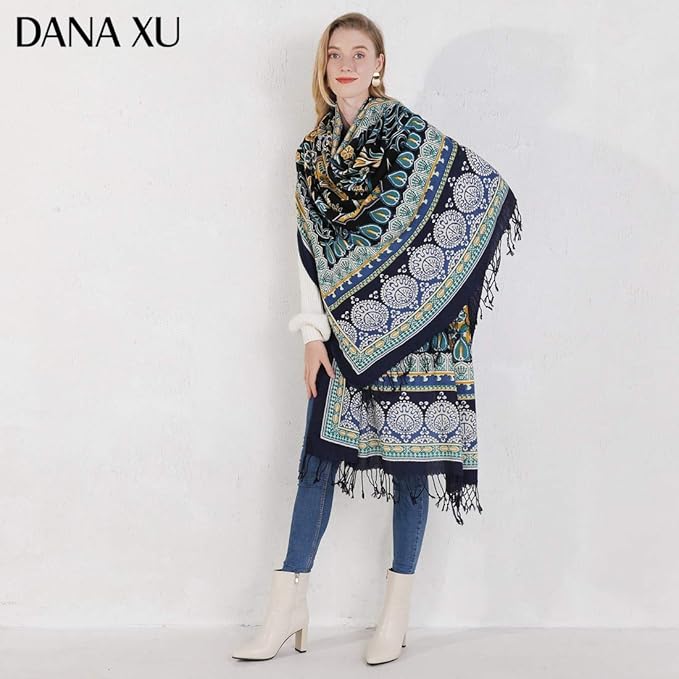 DANA XU 100% Merino Wool Pashmina Shawl for Women 96"x43", Oversized Cashmere Wrap with Tassels, Floral Travel Blanket Cape