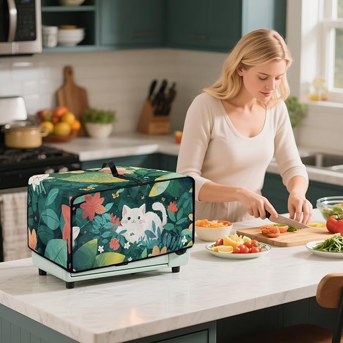 Air Fryer Toaster Oven Dust Cover Protective Convection Oven Cover with Pockets and Handle for Kitchen Countertop, M, 16.5 x 20.5 x 10 Inches, White Cat Green Leaf Flower
