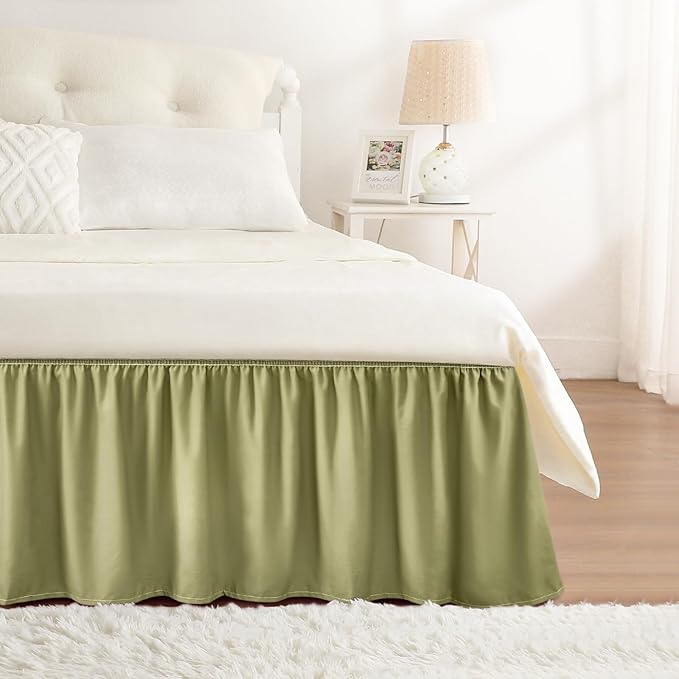 RIMELA Sage Green Bed Skirt Queen Size 15 Inch Drop, Elastic Bed Skirting for Bed Base and Frame, Bedding Dust Ruffle Easy to Install, Wrap Around Adjustable Bedskirt