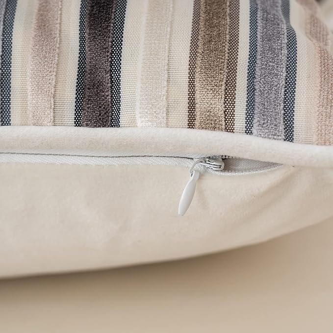 Yangest Beige Striped Throw Pillow Cover Multicolor Velvet Cushion Cover Modern Bohemian Pillowcase for Sofa Couch Bedroom Living Room Home Christmas Decoration,18x18 Inch